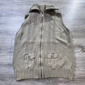 Eddie Bauer Sweater Vest Mens XL Khaki‎ Tan Full Zip Ribbed Knit Cargo Pockets